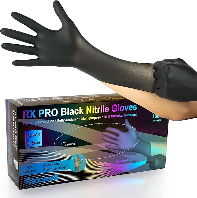Raxwell RX Pro Black Nitrile Disposable Exam Gloves (4.5-mil) Case of 10 boxes