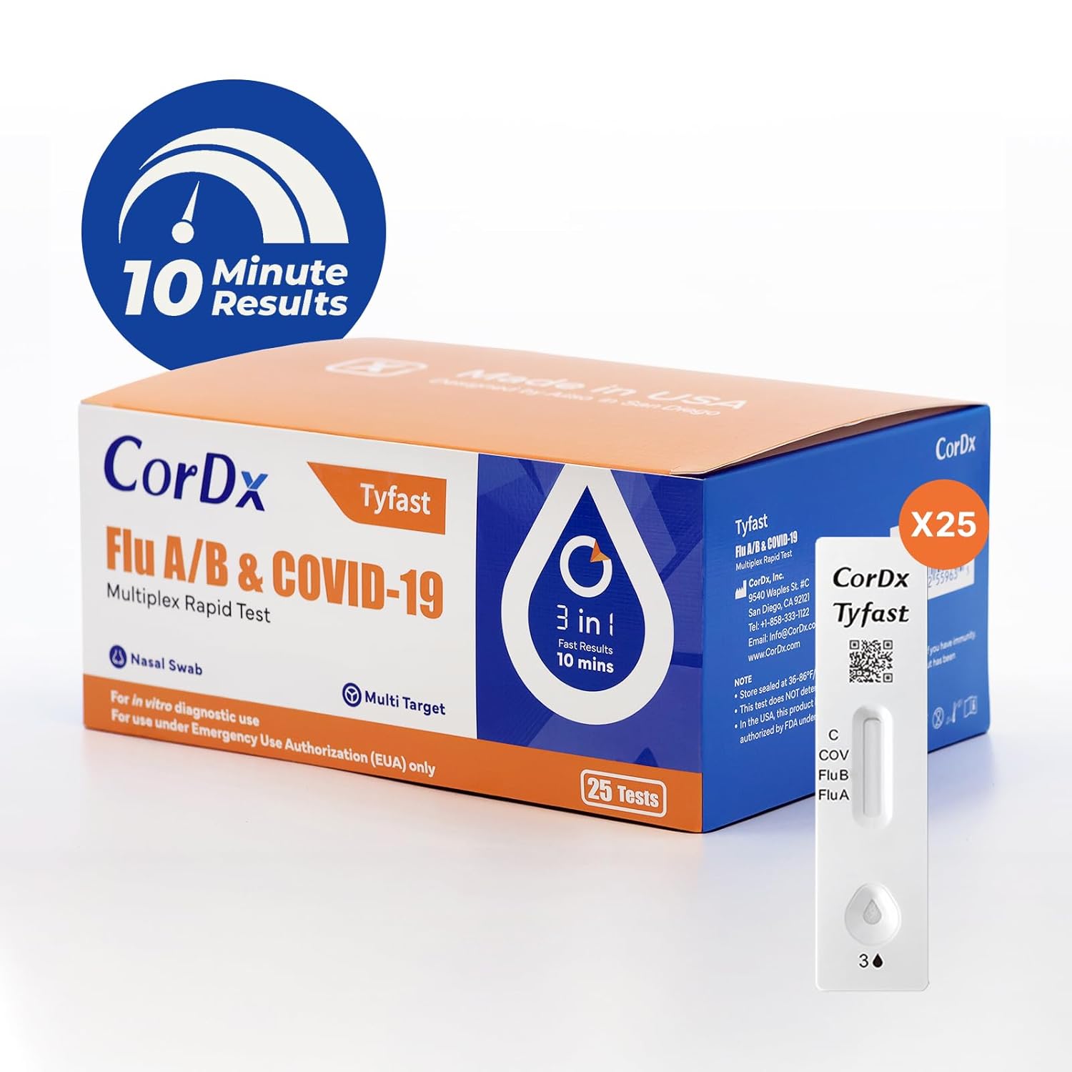 CorDx Tyfast Flu A/B & COVID-19 Multiplex Rapid Test (25 Tests/Kit) Case of 500 Tests