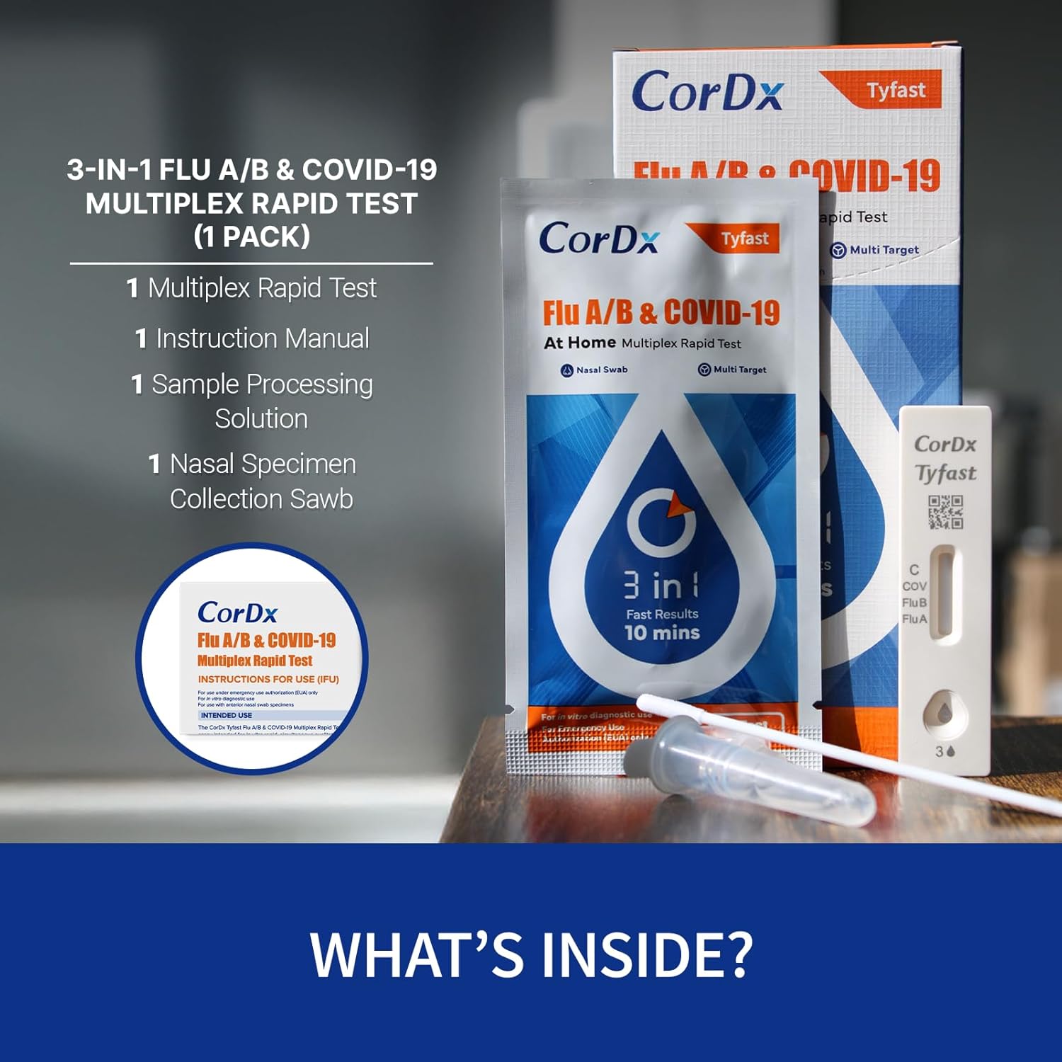 CorDx Tyfast COVID-19/Flu A&B Rapid Self-Test (1 Test / Kit) Case of 150 Kits