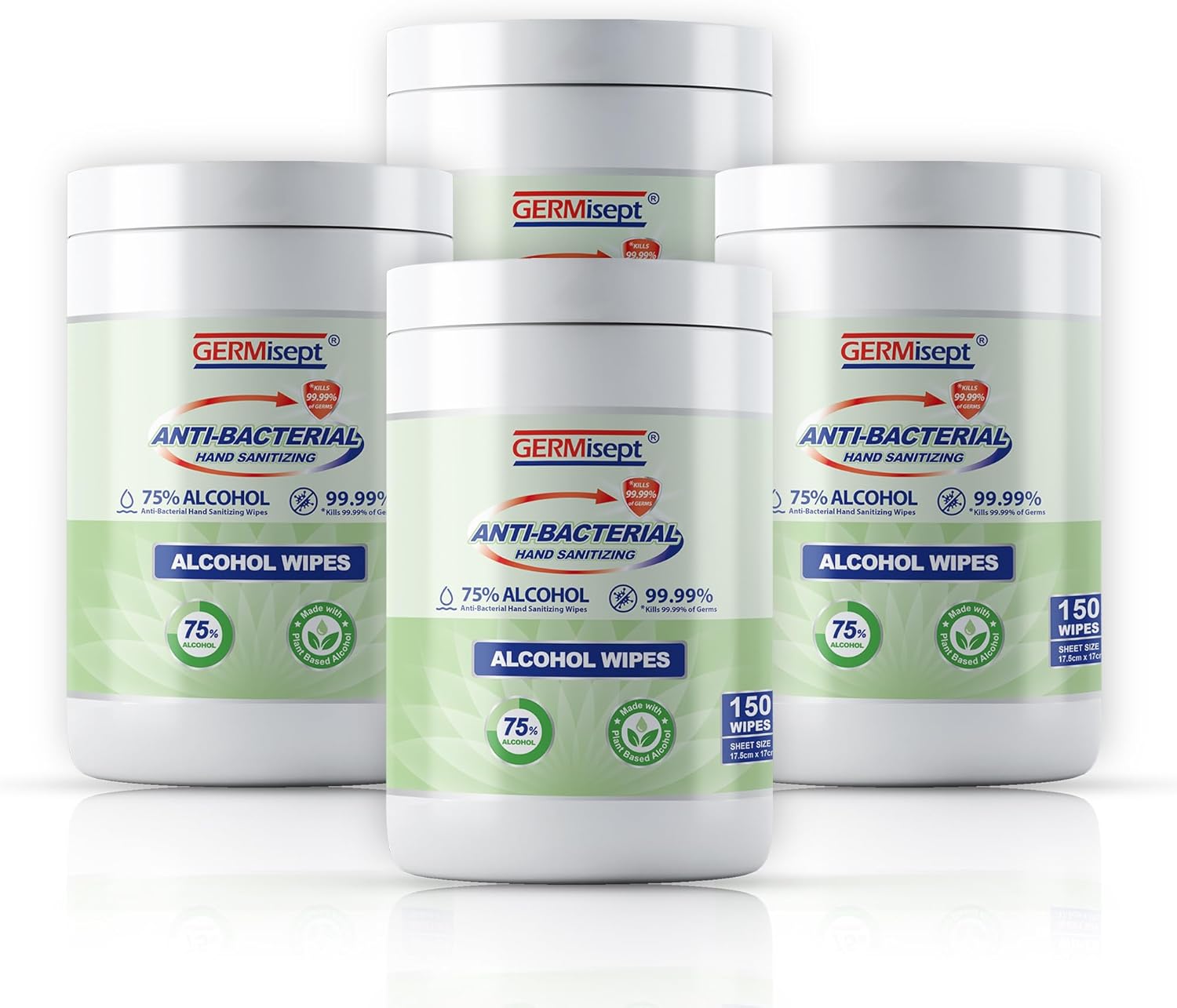 Germisept Hand Sanitizing Wipes 75% Alcohol Wipes (150 Wipes/Canister) Case of 4 Canisters