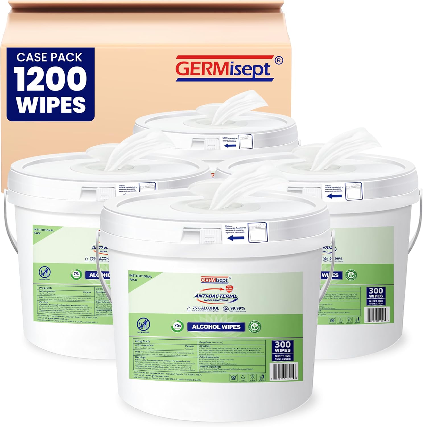 Germisept Hand Sanitizing Wipes 75% Alcohol Wipes (300 Wipes/Dispensing Bucket) Case of 4 Buckets
