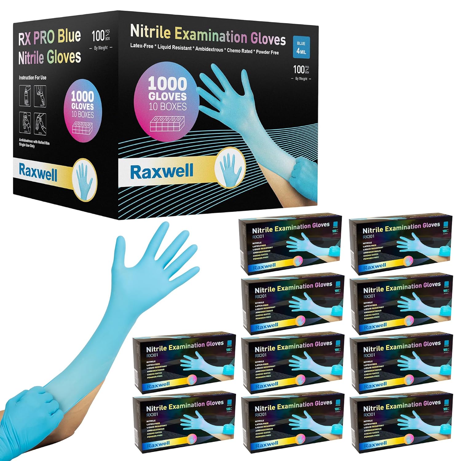 Raxwell RX301 Blue Nitrile Exam Gloves, Chemo Rated (4-mil) Pallet of 100 Cases