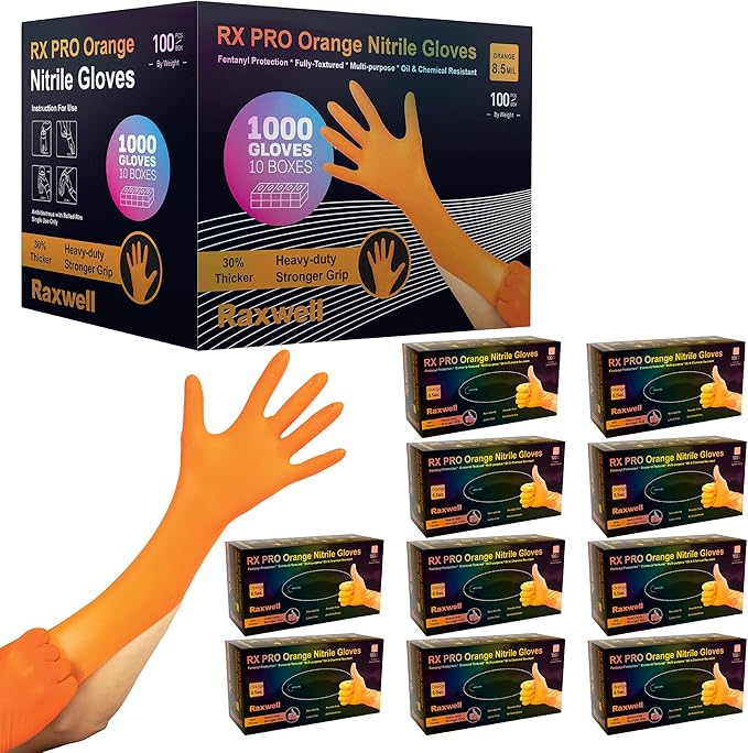 RX Pro Orange Nitrile Disposable Gloves (8.5-mil) Case of 10 boxes
