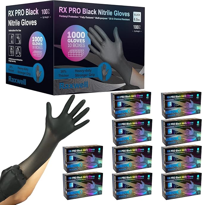 Raxwell RX Pro Black Nitrile Disposable Exam Gloves (6.5-mil) Pallet of 100 cases