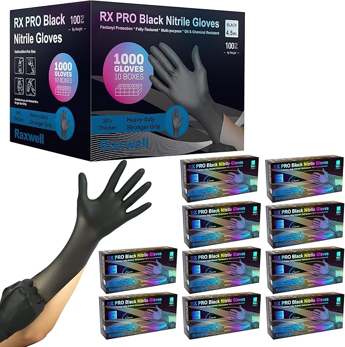 Raxwell RX Pro Black Nitrile Disposable Exam Gloves (4.5-mil) Case of 10 boxes