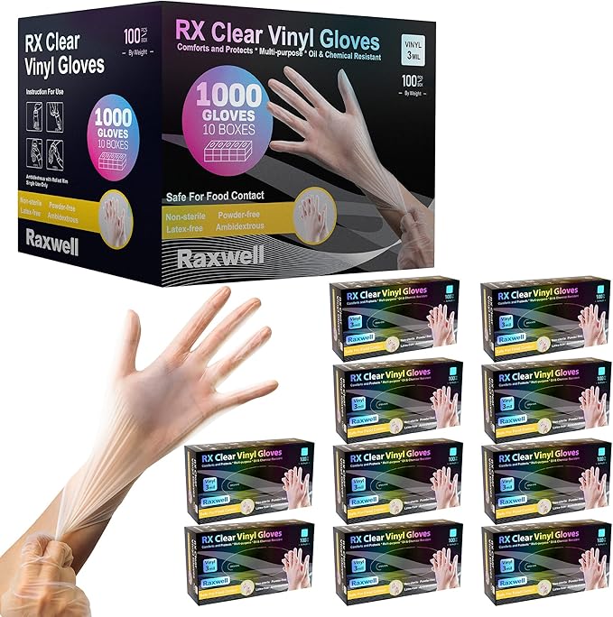 Raxwell RX Clear Vinyl Disposable Gloves (3-mil) Case of 10 boxes
