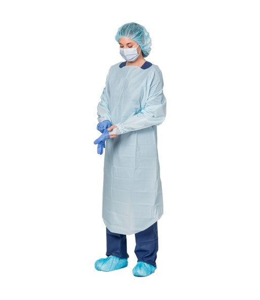 Aspen Surgical 8572 Film Gowns, Film, Over-The-Head, Open Back w/ Elastic Wrist, Blue, Universal, 15/bx
