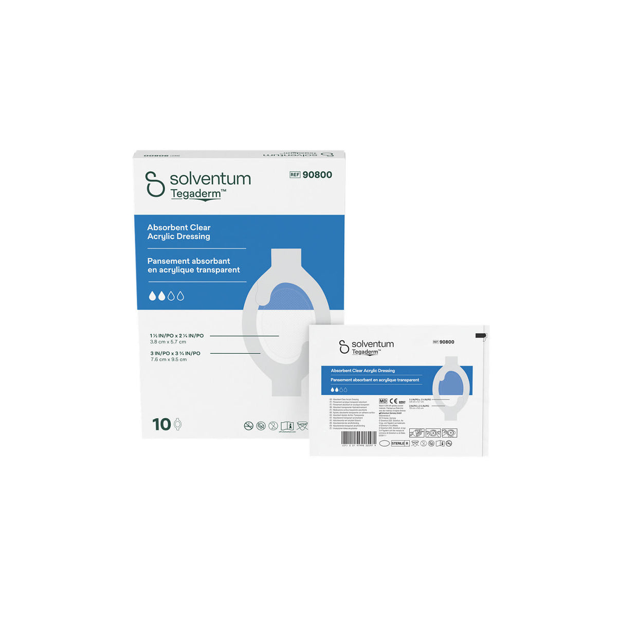 Solventum™ Tegaderm™ Absorbent clear acrylic dressing, 90800, 7,6 cm x 9,5 cm (3 x 3¾ in), pad - 3,8 x 5,7 cm (1½ x 2¼ in), 10/CAR