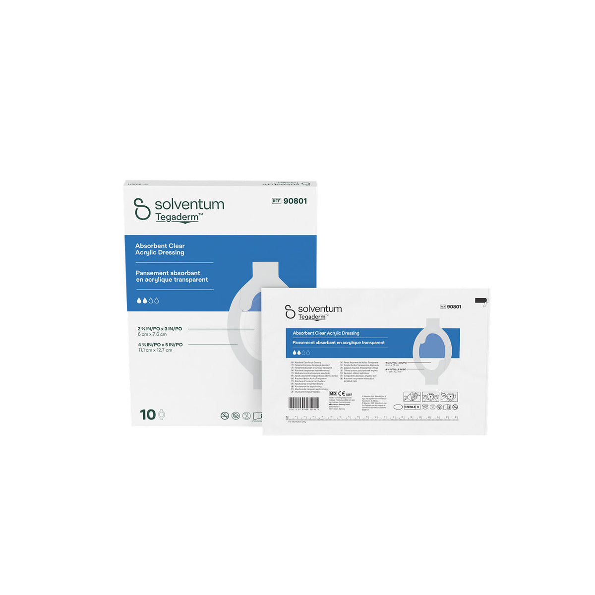 Solventum™ Tegaderm™ Absorbent clear acrylic dressing, 90801, 11,1 cm x 12,7 cm (4⅜ x 5 in), pad - 6 x 7,6 cm (2⅜ x 3 in), 10/CAR