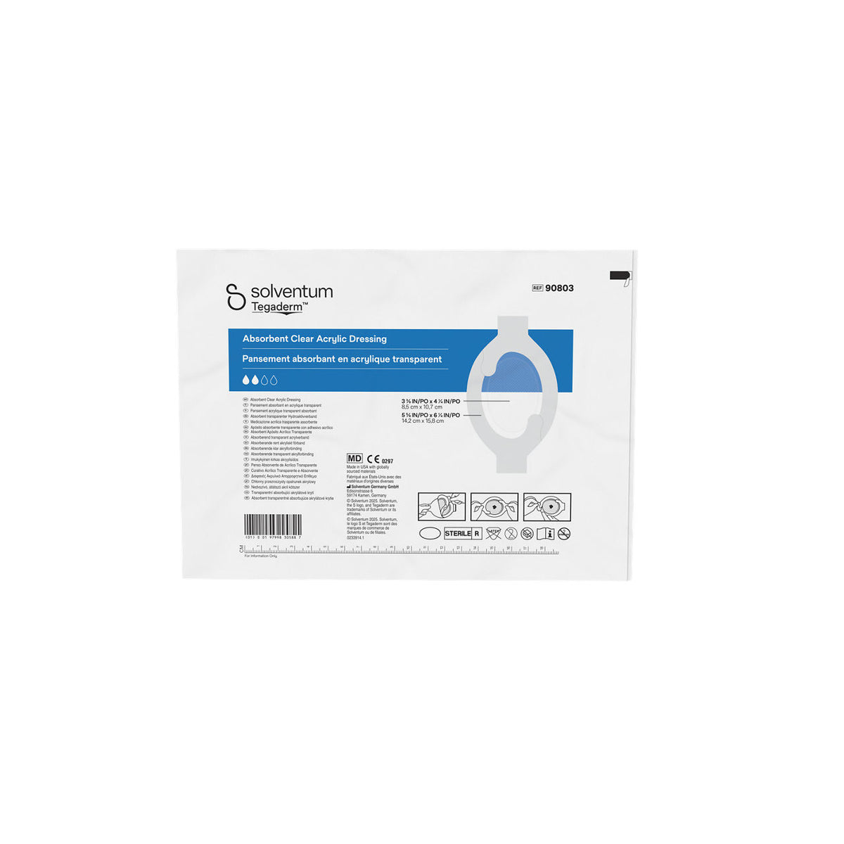 Solventum™ Tegaderm™ Absorbent clear acrylic dressing, 90803, 14,2 cm x 15,8 cm (5⅝ in x 6¼ in), pad - 8,5 cm x 10,7 cm, 10/CAR