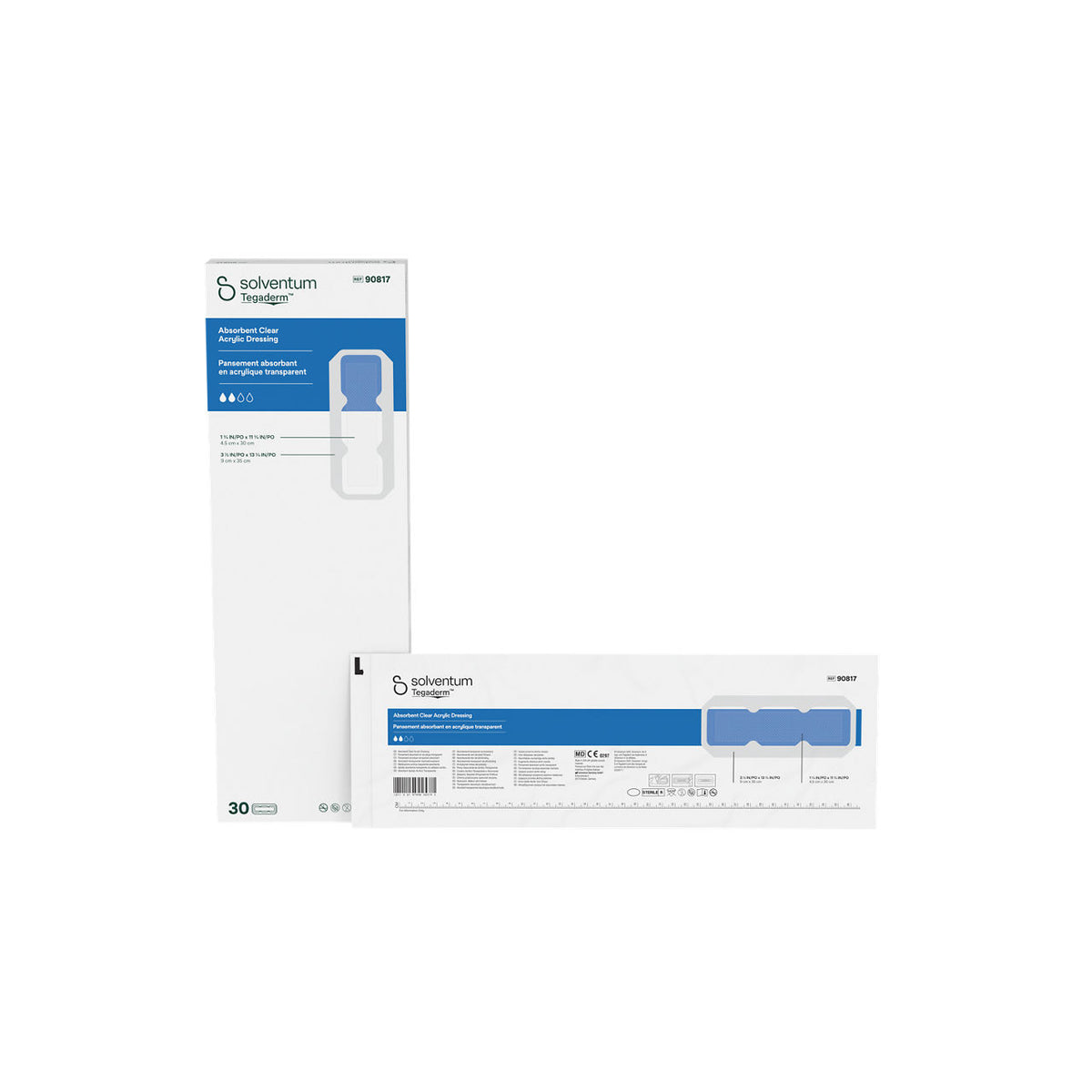 Solventum™ Tegaderm™ Absorbent clear acrylic dressing, 90817, 9 cm x 35 cm (3½ x 13¾ in), pad - 4,5 x 30 cm (1¾ x 11¾ in), 30/CAR