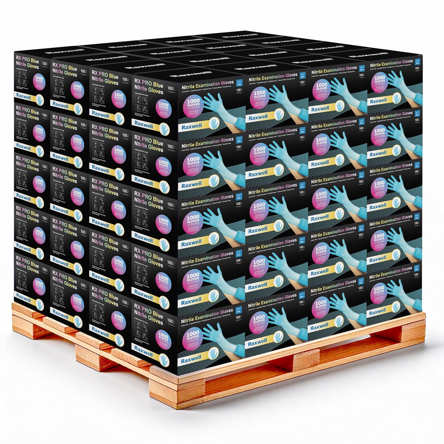 Raxwell RX301 Blue Nitrile Exam Gloves, Chemo Rated (4-mil) Pallet of 100 Cases