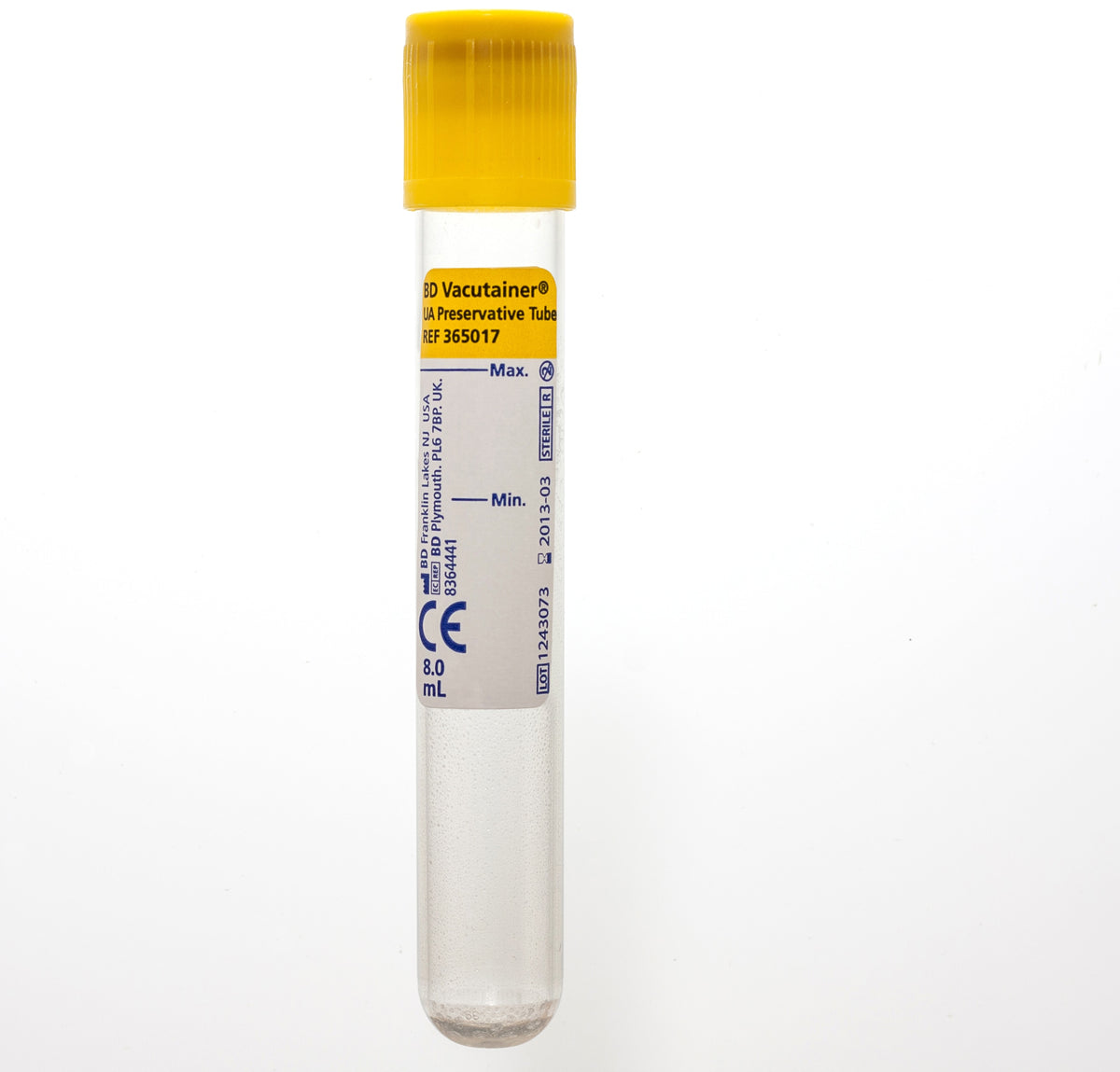 BD 365017 Vacutainer® Urine Collection System: Urinalysis Tube, 16 x 100mm, UA Plus Plastic Round Bottom, 8mL Draw, 100/bx, 10 bx/cs