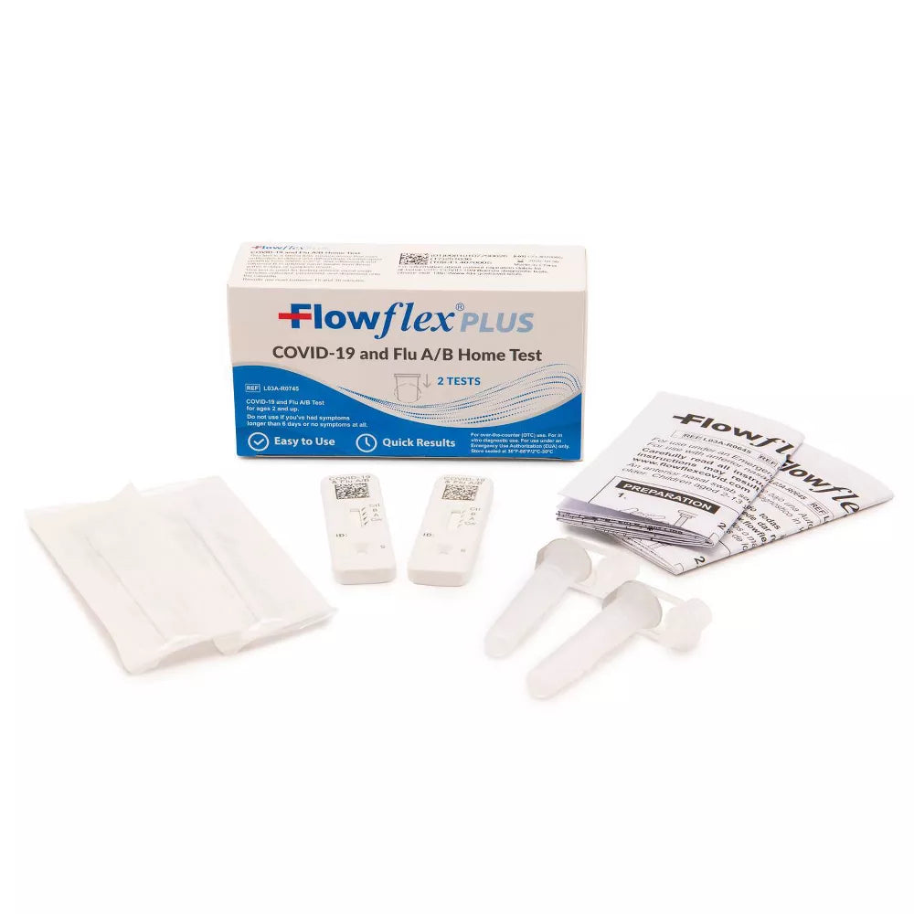 Flowflex Plus COVID-19 and Flu A/B home test kit on a white background