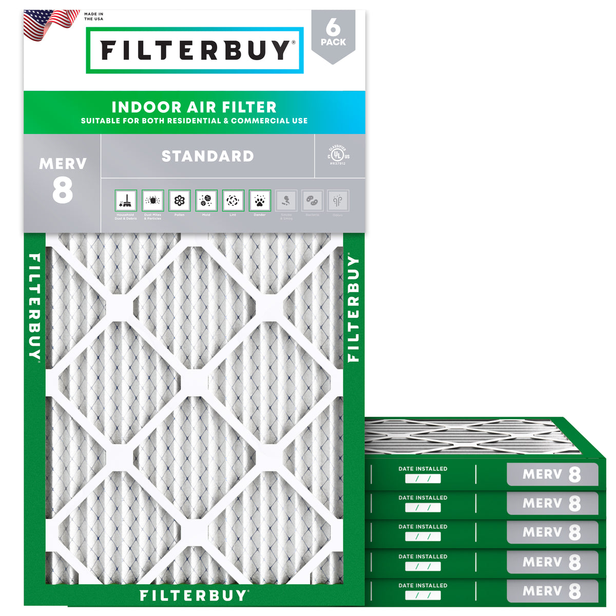 Filterbuy KSG-FIL-1058 MERV 8 Pleated Air Filter, 16 x 25 x 1 in, 6 Pack