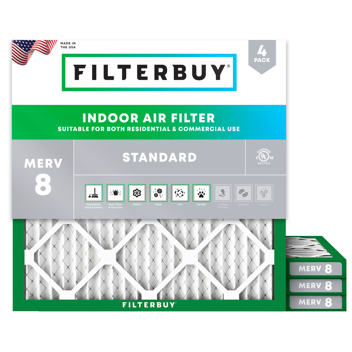 Filterbuy KSG-FIL-1056 MERV 8 Pleated Air Filter, 20 x 20 x 1 in, 4 Pack