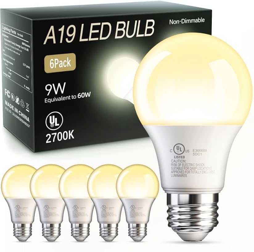 TJOY KSG-TJO-1066 A19 LED Light Bulbs, 60 W Equivalent, Soft Warm White 2700K, 6 Pack