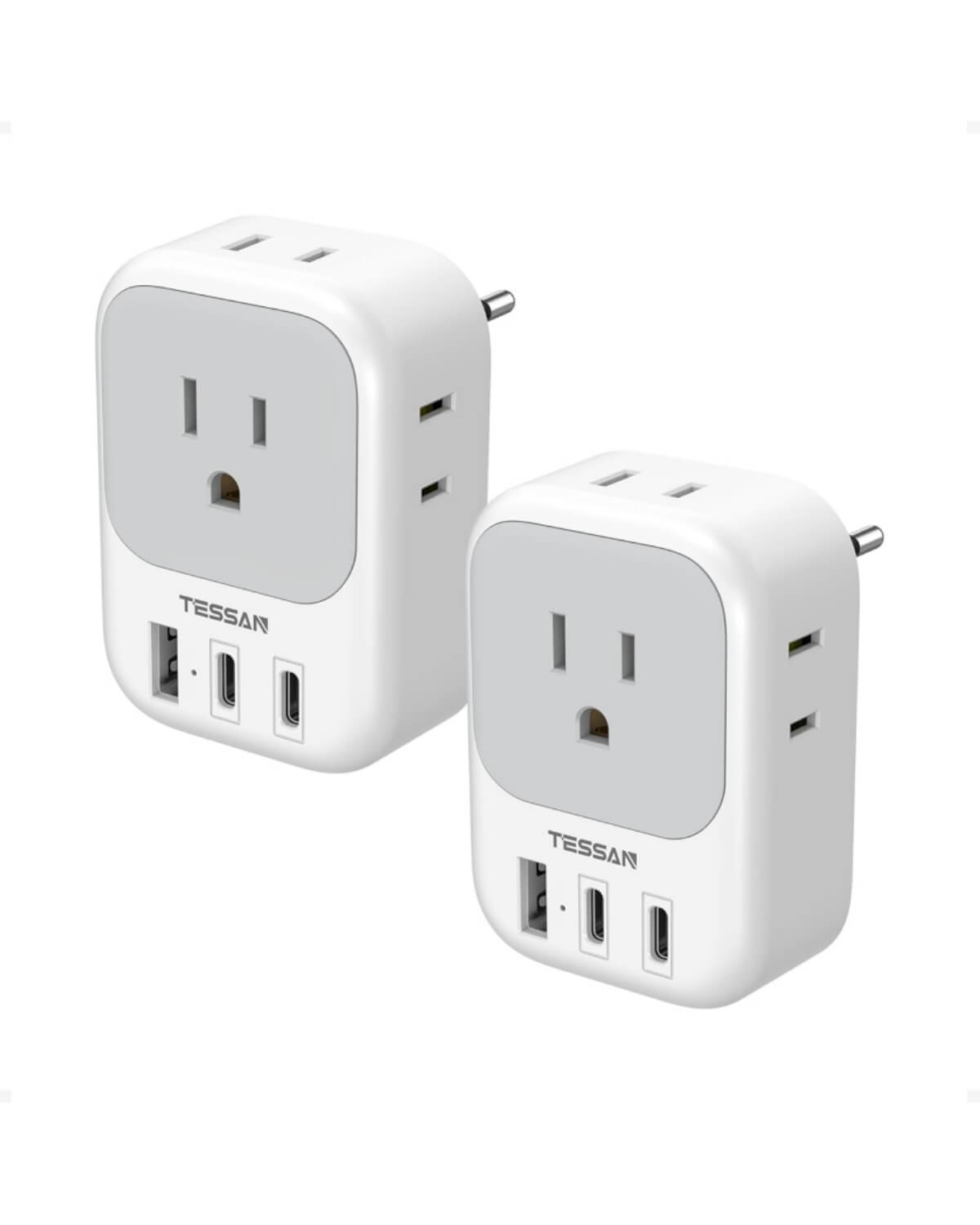 TESSAN TS-161-EU-2C-GRP2 European Travel Plug Adapter, Type C, 4 Outlets and 3 USB Ports, 2 Pack
