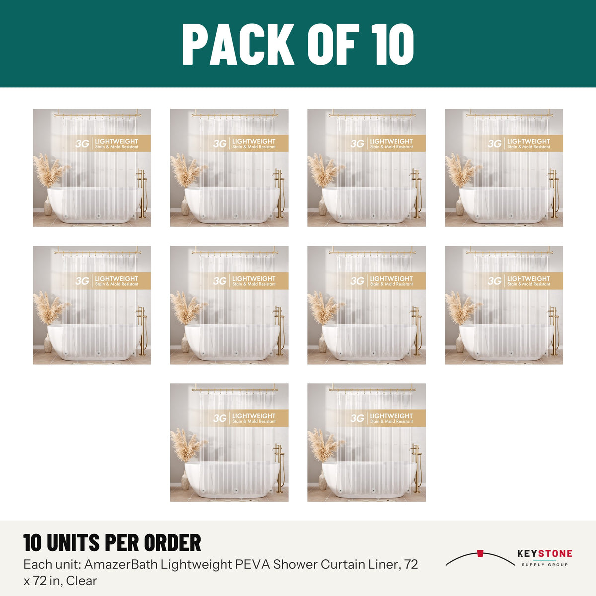 AmazerBath Lightweight PEVA Shower Curtain Liner, 72 x 72 in, Clear: pack of 10 units