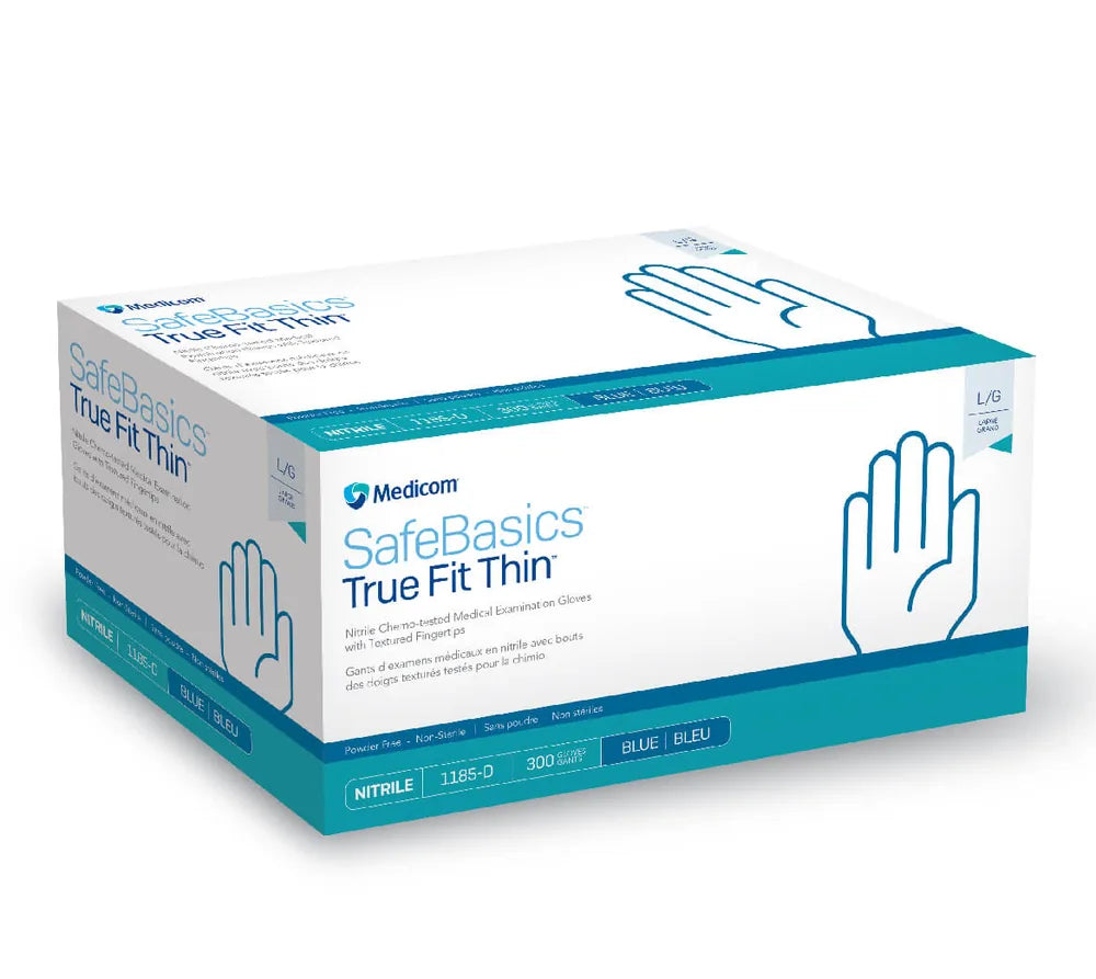 SafeBasics™ True Fit Thin Nitrile Exam Gloves, 3-mil, PF, chemo-tested, fentanyl-safe, XS-L, Blue (AMD RitMed 1185-A/B/C/D)