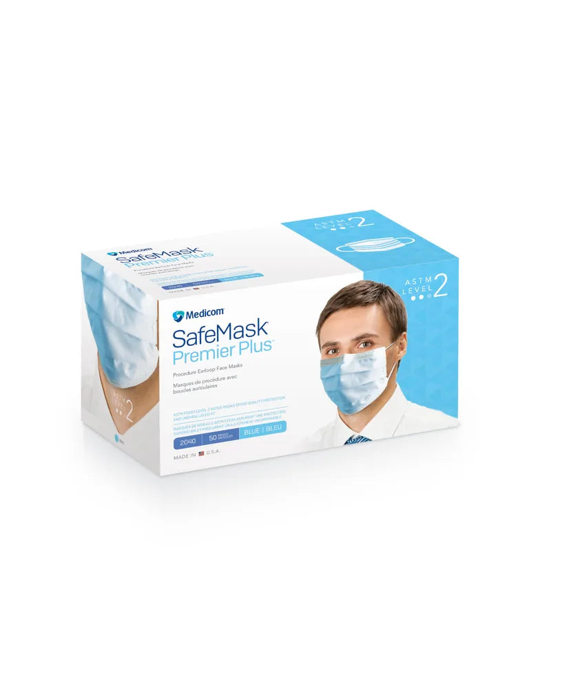SafeMask® Premier Plus Earloop Mask, ASTM Level 2, Blue (AMD RitMed 2040)