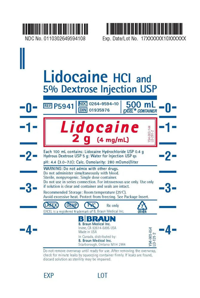 Lidocaine HCl / Dextrose 5%, Preservative Free 4 mg / mL IV Solution 500 mL (B.Braun P5941)