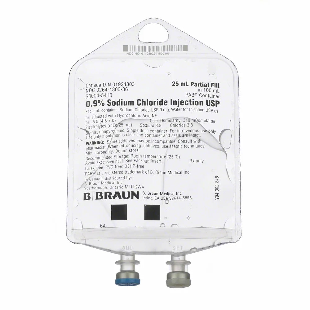 Sodium Chloride, Preservative Free 0.9% IV Solution 25 mL Fill in 100 mL (B.Braun S8004-5410)
