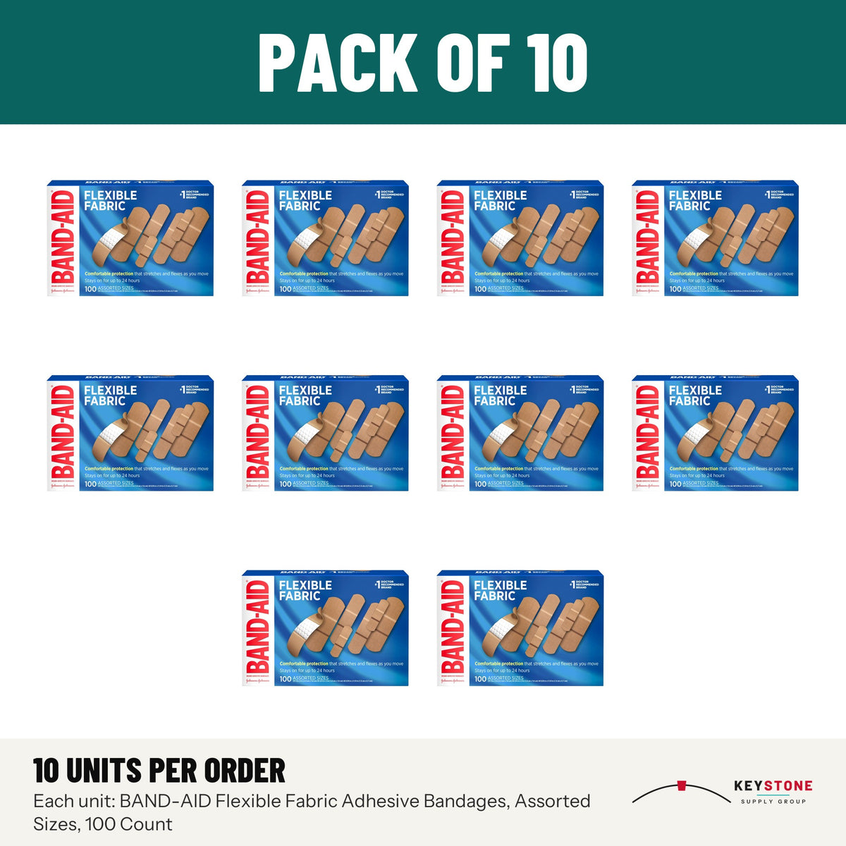 BAND-AID Flexible Fabric Adhesive Bandages, Assorted Sizes, 100 Count: pack of 10 units