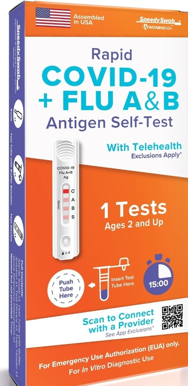 SpeedySwab Rapid COVID-19 + Flu A&B Antigen Self-Test, 1 test per box, retail box front