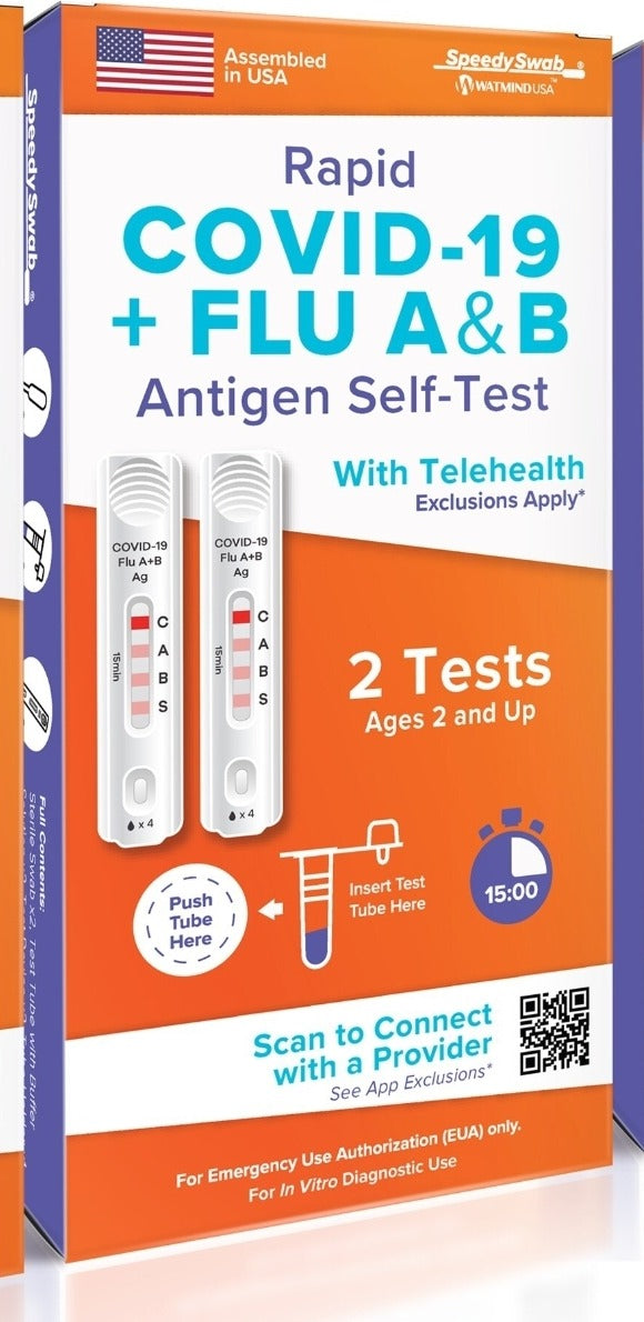 SpeedySwab Rapid COVID-19 + Flu A&B Antigen Self-Test, 2 tests per box, retail box front
