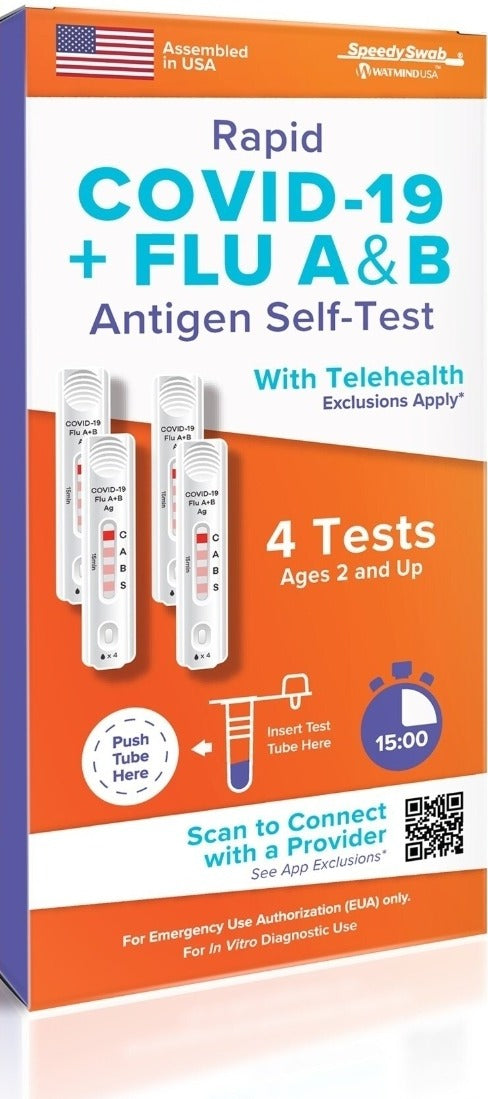 SpeedySwab Rapid COVID-19 + Flu A&B Antigen Self-Test, 4 tests per box, retail box front