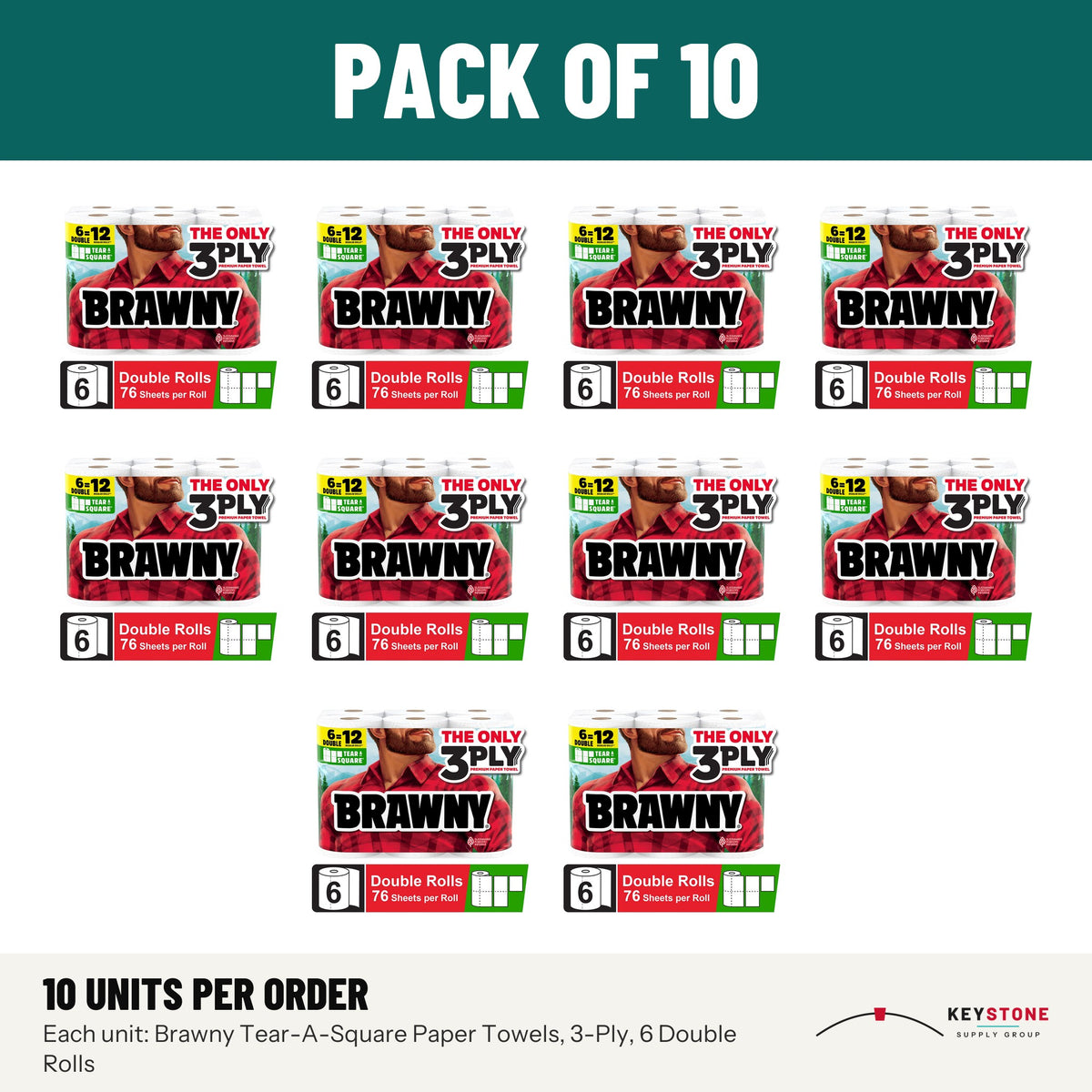 Brawny Tear-A-Square Paper Towels, 3-Ply, 6 Double Rolls: pack of 10 units