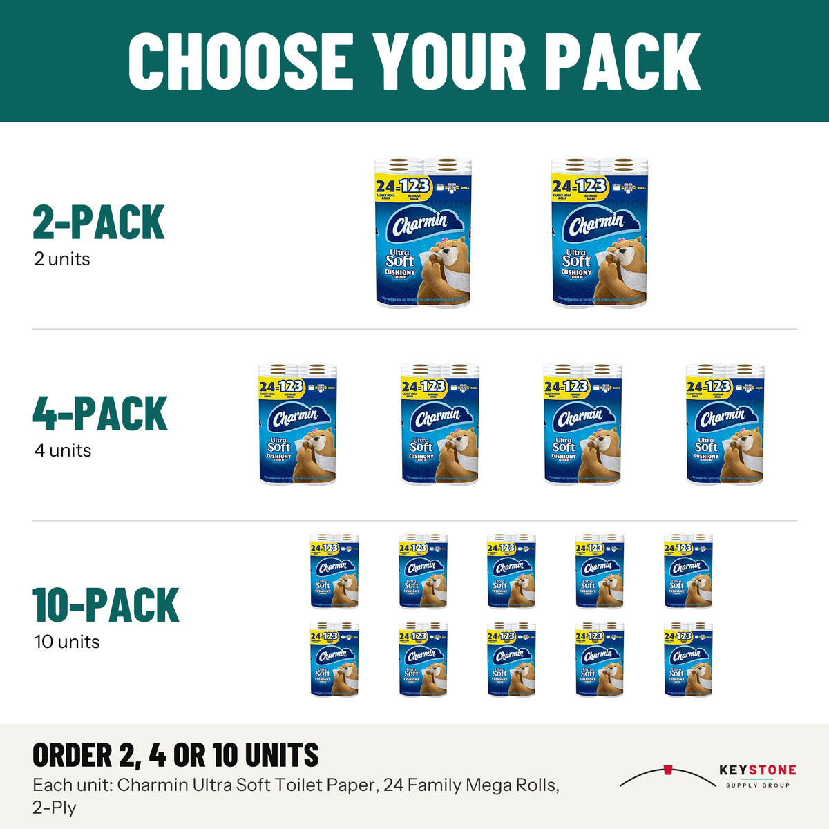 Charmin Ultra Soft Toilet Paper, 24 Family Mega Rolls, 2-Ply: packs of 2, 4, 10 units