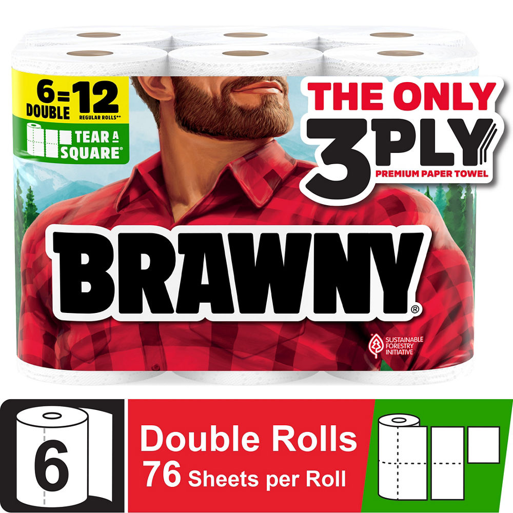 Brawny KSG-BRA-1013 Tear-A-Square Paper Towels, 3-Ply, 6 Double Rolls