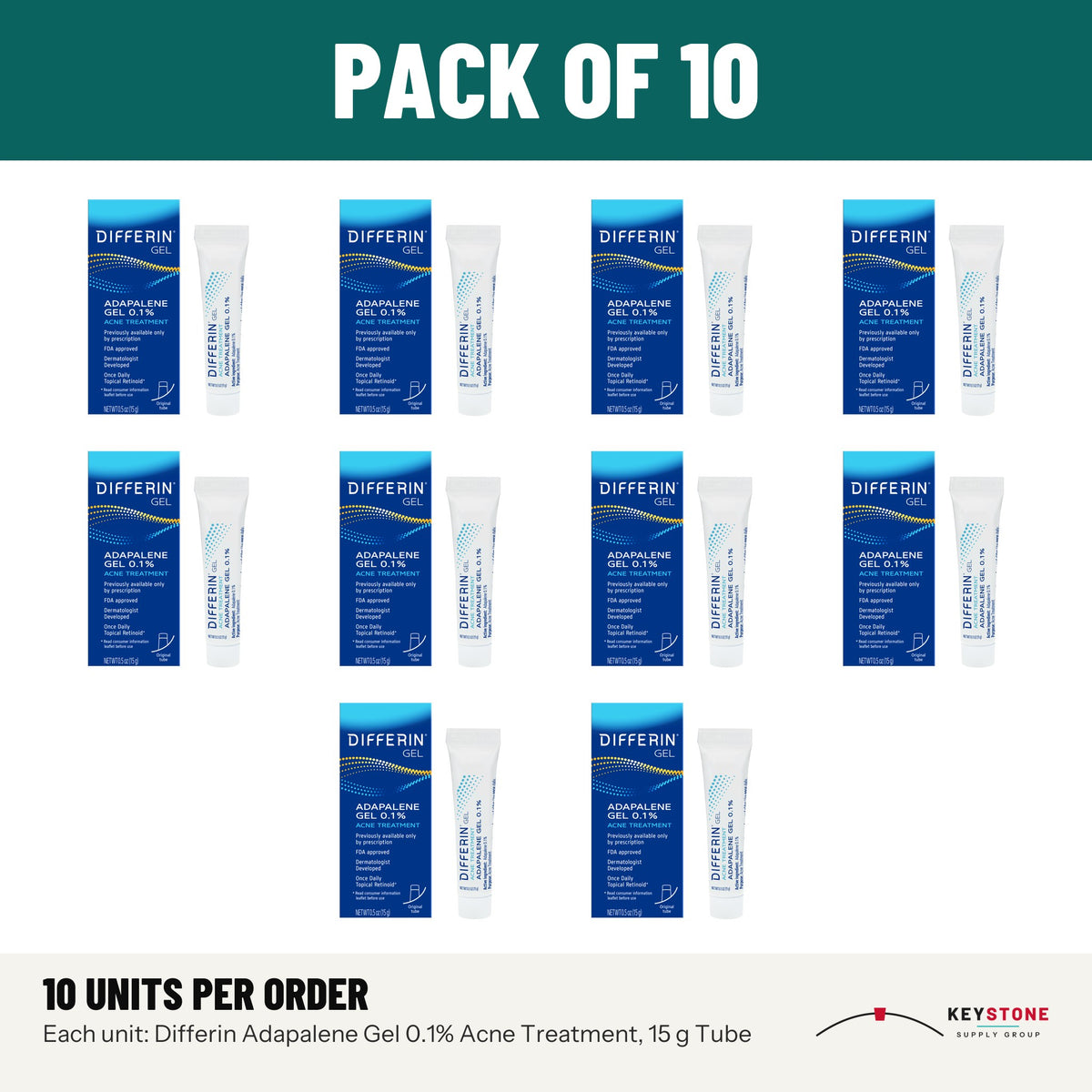 Differin Adapalene Gel 0.1% Acne Treatment, 15 g Tube: pack of 10 units