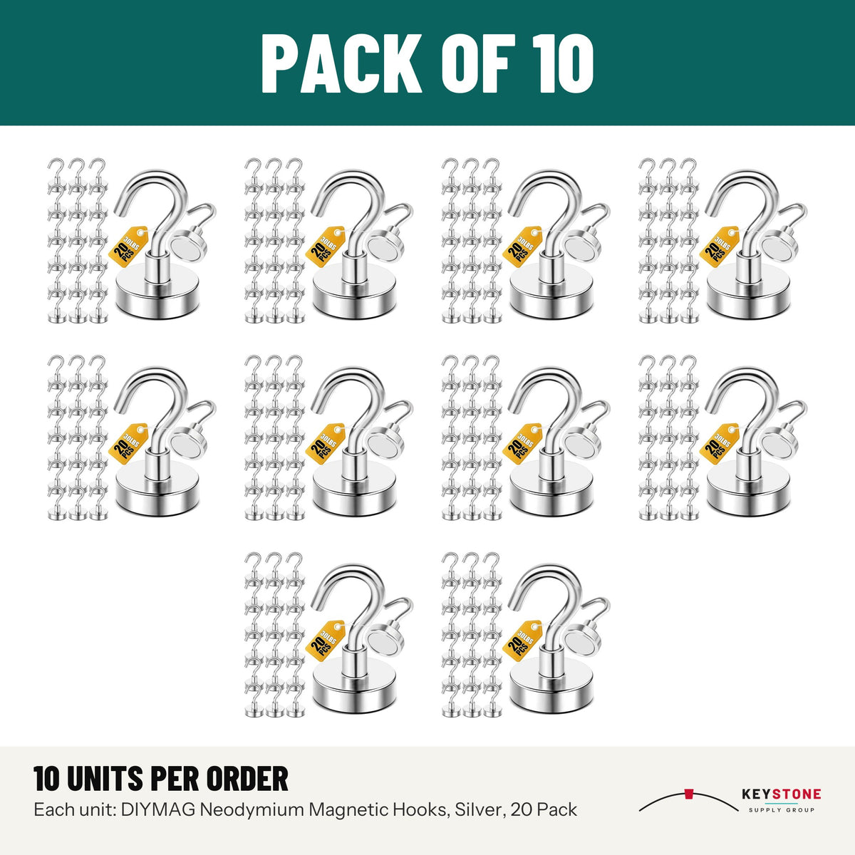 DIYMAG Neodymium Magnetic Hooks, Silver, 20 Pack: pack of 10 units