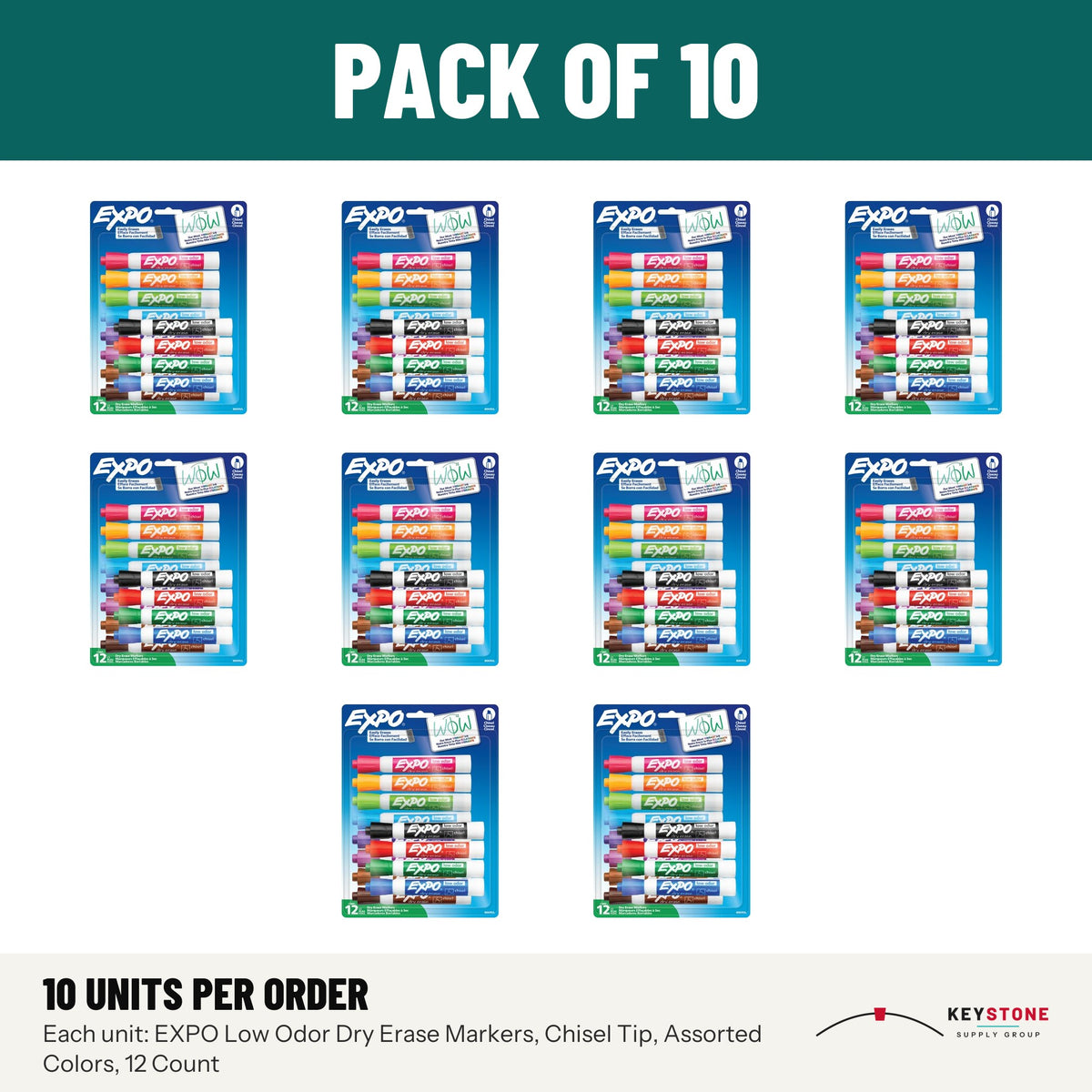 EXPO 80699 Low Odor Dry Erase Markers, Chisel Tip, Assorted Colors, 12 Count: pack of 10 units