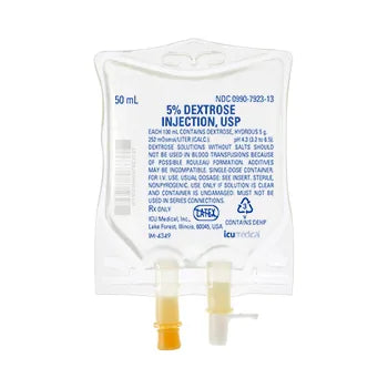 Dextrose / Water, Preservative Free 5% IV Solution 50 mL Fill in 120 mL (ICU Medical 792336)
