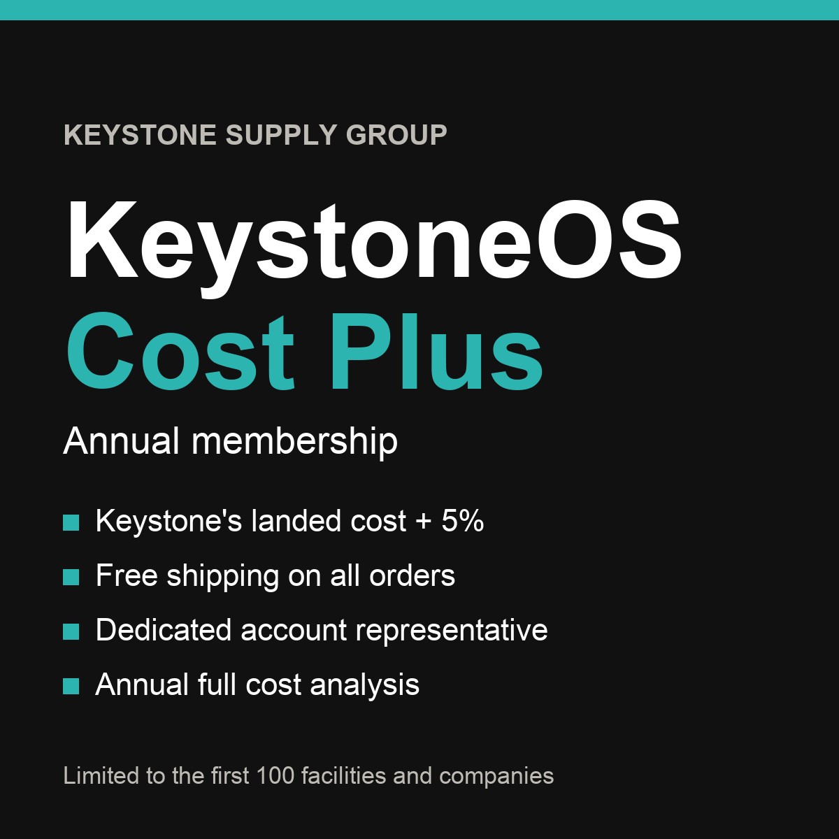 KeystoneOS Cost Plus annual membership: Keystone's landed cost plus 5%, free shipping, dedicated account representative, annual full cost analysis