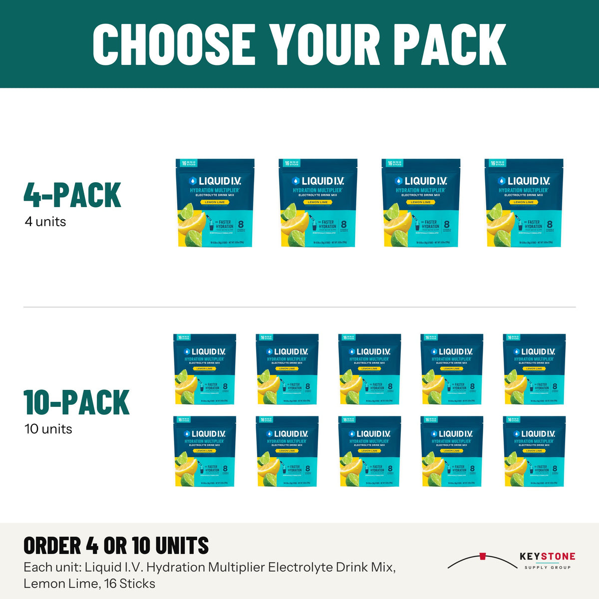 Liquid I.V. LVP-1602 Hydration Multiplier Electrolyte Drink Mix, Lemon Lime, 16 Sticks: packs of 4, 10 units