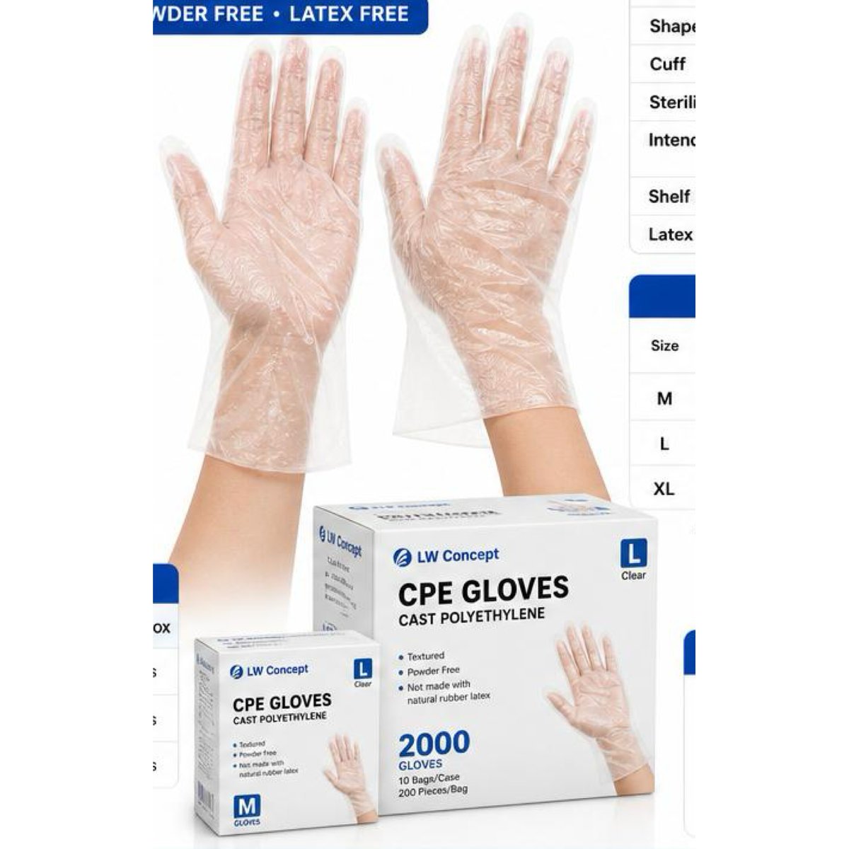 LW Concept LW1100 CPE Gloves, Cast Polyethylene, Embossed, Powder-Free, 2,000/CS
