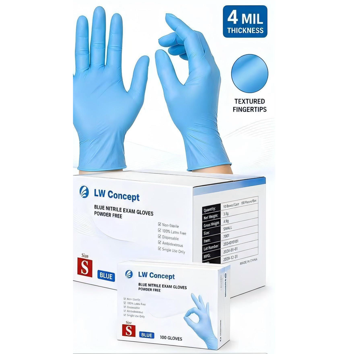 LW Concept LW7000 Blue Nitrile Exam Gloves, 4 mil, Powder-Free, 1,000/CS