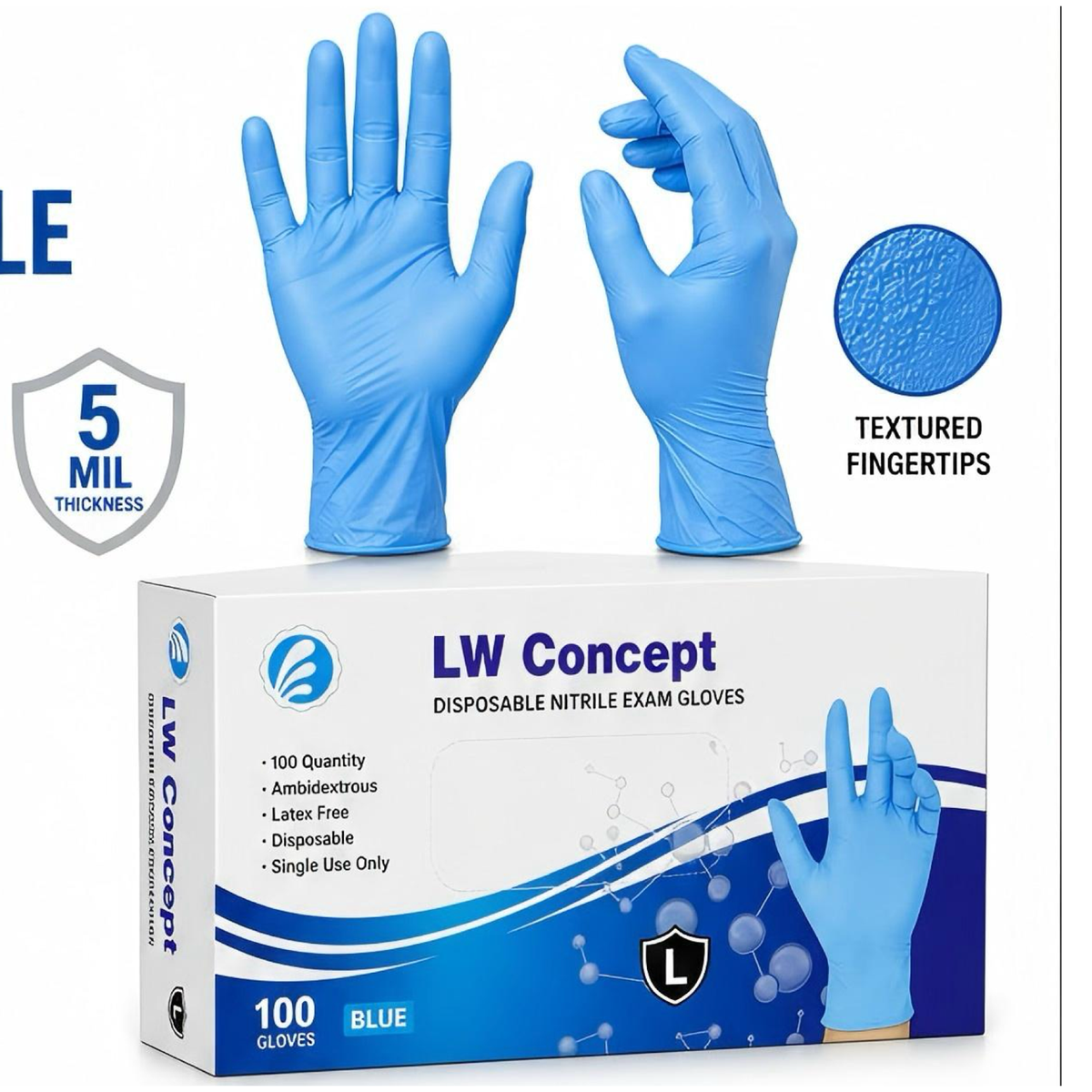 LW Concept LW5000 Blue Nitrile Exam Gloves, 5 mil, Powder-Free, 1,000/CS