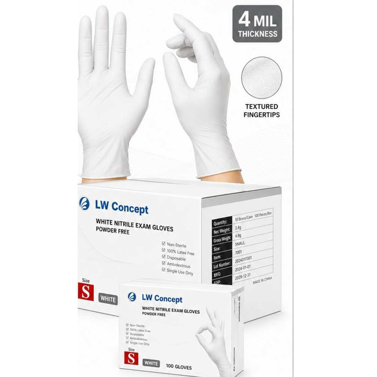 LW Concept LW7500 White Nitrile Exam Gloves, 4 mil, Powder-Free, 1,000/CS