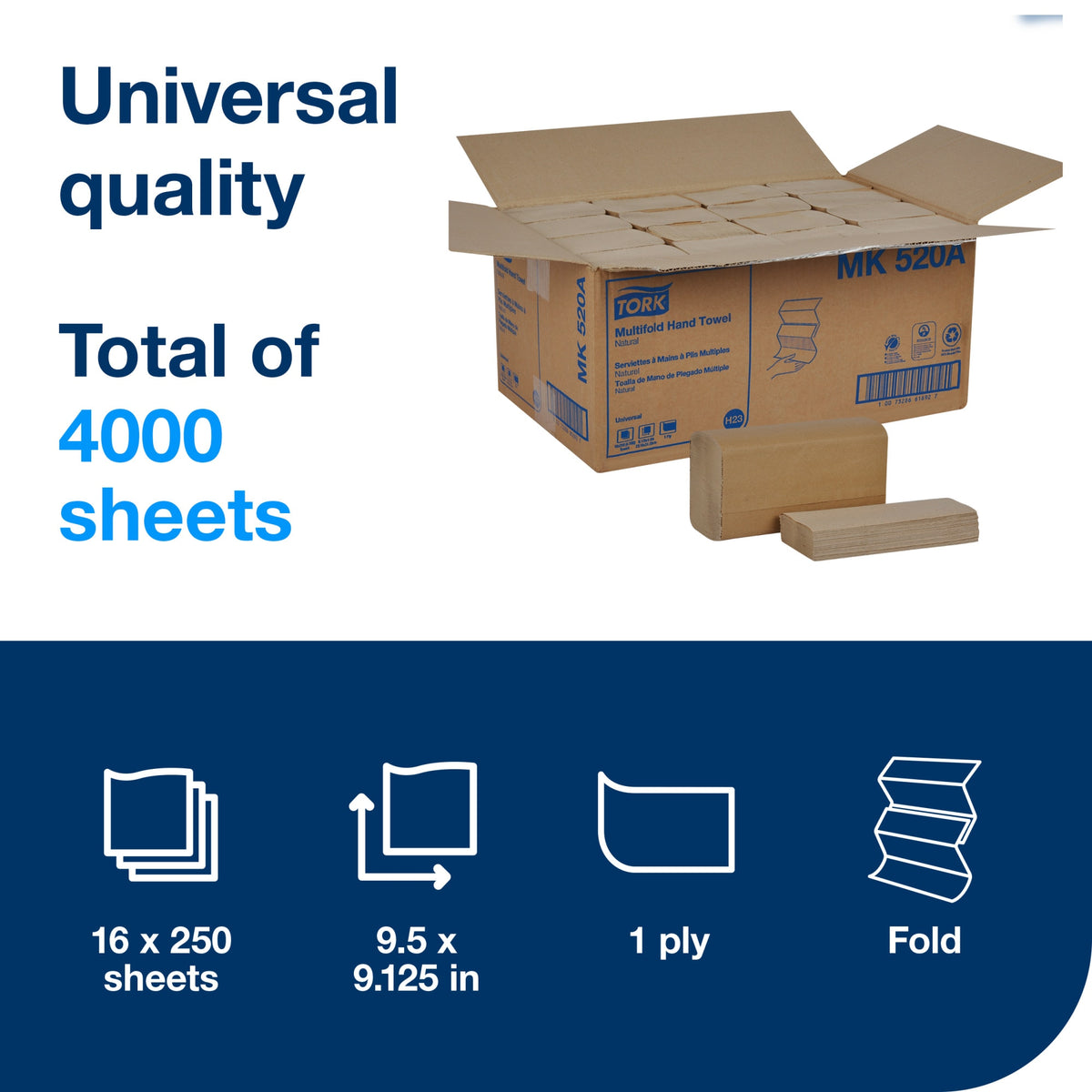 Tork MK520A Universal Multifold Hand Towel, Natural, 16 Packs x 250 Sheets