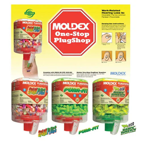 One Stop PlugShop® Starter Kit Comes with: 3 PlugStations: 1-#6844 (250 Pairs of Pura-Fit),1-#6646 (250 Pairs of Goin Green) and 1-#6644 (250 Pairs of SparkPlugs) Poster/Template/Brackets (Moldex™ 604