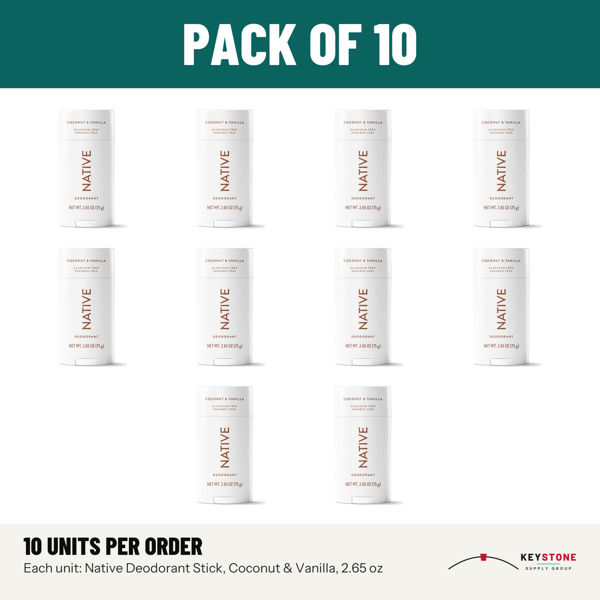 Native Deodorant Stick, Coconut & Vanilla, 2.65 oz: pack of 10 units