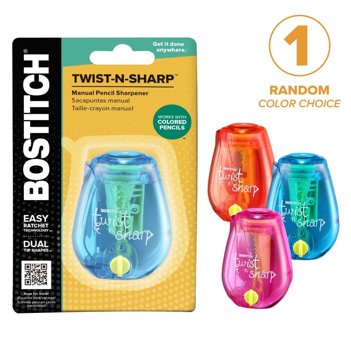 Bostitch PS1-ADJ Twist-n-Sharp Manual Pencil Sharpener, Assorted Colors