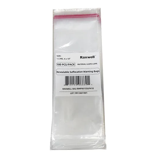 Resealable Suffocation Warning Bags - 1.5 Mil, 4 x 10", 100/pack, 10packs/carton (Raxwell RMP9015SUF410)
