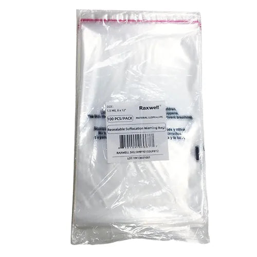 Resealable Suffocation Warning Bags - 1.5 Mil, 8 x 12", 100/pack, 10packs/carton (Raxwell RMP9015SUF812)
